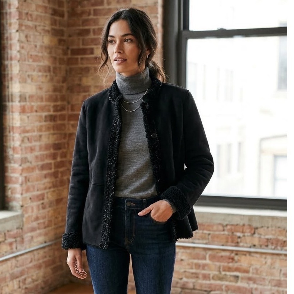 Velvet by Graham & Spencer Black Faux Suede Shearling Sequin Trim Jacket Womens